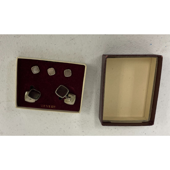 Revere Art Deco Black Enamel Silver Tone Cufflinks and Tuxedo Studs Set NWB - Picture 2 of 4